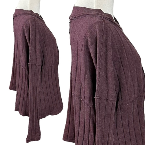 Free People Bohemian Grunge Ribbed Henley Boxy Top Raw Hem Plum Wine Size XS - Picture 13 of 17